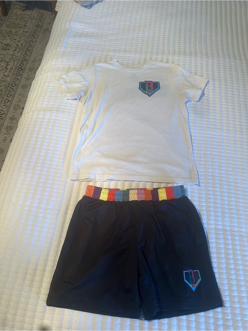 Kids White T-Shirt and Black Shorts Matching Set with Multicolor Waistband